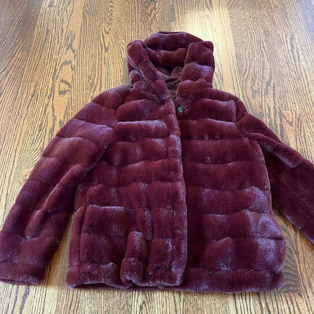 Luxe Velvet Hooded Fur Jacket - Burgundy size Small - Picture 6 of 7